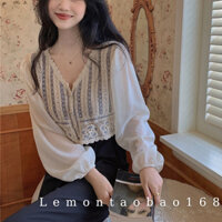 Áo Kiểu Dệt Kim Phối Voan Dài Tay, Dáng Tiểu Thư LemonSt