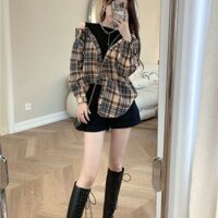 ▦♈❡Áo Kiểu Hở Vai Giả Hai Lớp Tay Dài Họa Tiết Kẻ Sọc Caro Thời Trang Mới Mùa Thu Cho Nữ