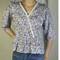 Áo kiểu hoa nhí tay lỡ cổ V viền ren hoa màu tím