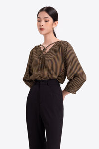 Áo kiểu kẻ sọc cổ V phối nơ