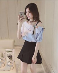 Áo Kiểu Lệch Vai Army - Xanh Da Trời