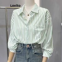 Áo kiểu Lovito cài nút trước kẻ sọc thường ngày cho nữ LNE20170 (Màu xanh lá) - Hàng mới về