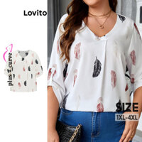 Áo kiểu Lovito nút cài hoạ tiết lông vũ Boho đường cong size lớn cho nữ LBL14687