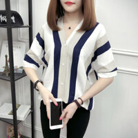 Áo kiểu nữ, Áo sơ mi kiểu tay lỡ kẻ sọc, phong cách Hàn Quốc trẻ trung, chất đũi Haint Boutique Ale10 - kẻ đen - L