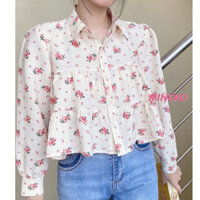 Áo Kiểu Nữ - Áo Sơ Mi Tay Dài Vải Thô Đũi Xốp Hoa Nhí