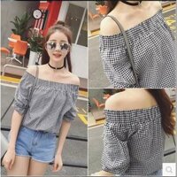 Áo kiểu nữ , Áo trễ vai caro nhí AN19