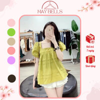 Áo Kiểu Nữ Baby Doll Tay Bồng Cổ Vuông Đũi, Áo Nữ Tay Bí Cổ Vuông Cột Dây Lưng, Áo Bầu Dễ Thương