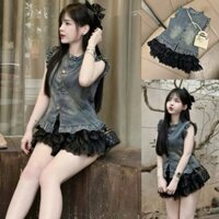 Áo Kiểu Nữ Chất Denim Sát Nách Cổ Tàu Nhún Bèo Phối Cúc Đồng Tone Xanh Nữ Tính