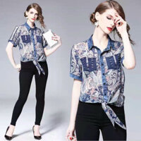 Áo Kiểu Nữ Chất Voan Phối Jeans Cột Dây Mềm Mát  Hàng Quảng Châu Cao Cấp