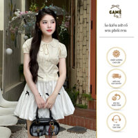 Áo kiểu nữ cổ sen phối nơ viền ren dáng ôm, áo thun ngắn tay cách điệu siêu xinh