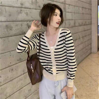 Áo Kiểu Nữ Cổ V Cổ Bẻ - Dệt Kim Len Mongtoghi, Họa Tiết Kẻ Sọc, Thời Trang Hàn Quốc