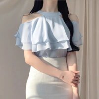 Áo kiểu nữ cổ yếm tầng bèo Hàn Quốc, Áo kiểu nữ trễ vai cổ yến tiểu như bánh bèo chất voan ẢNH THẬT