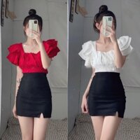 Áo Kiểu Nữ CropTop tay 3 tầng bèo cánh tiên lưng thun vải đũi xước