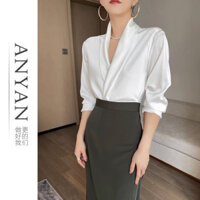 áo kiểu nữ đẹp hàn quốc bigsize sang chảnh bánh bèo tay phồng áo sơ mi form rộng tay dài công sở tay lỡ trắng đi học lụa kẻ sọc Áo sơ mi satin dài tay cổ chữ V Nữ Mẫu Mới mùa hè Áo sơ mi trắng khí chất cao cấp