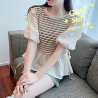 Áo Kiểu Nữ Dệt Kim Mongtoghi - Cổ Tròn, Tay Bồng, Phối Sơ Mi, Dây Cột Eo Thời Trang