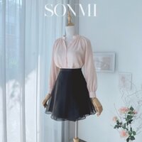 Áo kiểu nữ Hàn Quốc tay dài phồng vải tơ lụa SONMI thiết kế cao cấp form rộng cổ tàu màu đen be hồng DARCY EMBER BL134
