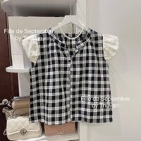 Áo Kiểu Nữ Hoạ Tiết Caro Phối Màu Cổ Tròn Tay Áo Cánh Tiên Thêu Hoa Nhí Trẻ Trung Xinh Xắn QCCC