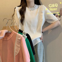 Áo Kiểu Nữ Len Mongtoghi Form Rộng Tay Ngắn Cổ Tròn Viền Bèo Hàn Quốc