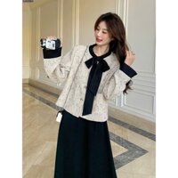 Áo kiểu nữ mùa đông dài tay viền đen cổ tròn phối nơ dáng rộng tiểu thư công sở AB78