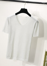 Áo kiểu nữ nhũ kim tuyên ngắn tay Đũi Việt DALE24 - trắng - s