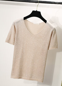 Áo kiểu nữ nhũ kim tuyên ngắn tay Đũi Việt DALE24 - kem - m