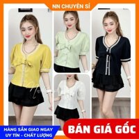 Áo kiểu nữ phom croptop chất vải mềm mịn phối nơ tay phồng dễ thương Áo kiểu hàng đẹp MT1997