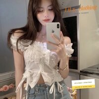 Áo kiểu nữ quảng châu [VIDEO+ẢNH CHỤP] áo trắng nữ mặc 2 kiểu trễ vai phối bèo nữ tính, có dây rút điều chỉnh A96
