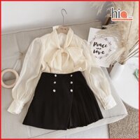 Áo kiểu nữ sơ mi công sở, áo voan kiểu cổ nơ tay phồng dáng tiểu thư phong cách Hàn Quốc- Màu da - Hia Store