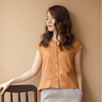 Áo kiểu nữ tay hến vải linen cam đất MONO