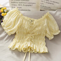 Áo kiểu nữ tay ngắn, áo sơ mi croptop, Áo sơ mi croptop cổ kiểu bo chun ngực tay bồng, áo croptop trễ vai che bắp tay od