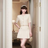 Áo kiểu nữ thiết kế cổ tròn khuy đá cao cấp Ogi Top H.I.U Fashion , vải dạ tweed hàn 2 lớp style tiểu thư HIU design