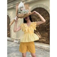 Áo kiểu nữ thiết kế cổ V dáng peplum vải xô lụa mặc mát
