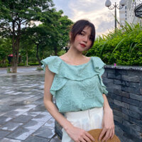 Áo kiểu nữ trễ vai cổ bèo vải ren hoa nữ tính A03 - La’coba