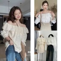 Áo Kiểu Nữ Trễ Vai Vải Thêu Hoa XInh Có Dây Cột Nơ Xinh 2Màu Trắng Kem Form Freesize