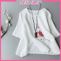Áo kiểu nữ trung niên thêu hoa tặng mẹ form rộng bigsize chất liệu Đũi cao cấp mềm nhẹ mát NeSa Shop, AKH.66 - TRẮNG,2XL 70-79kg