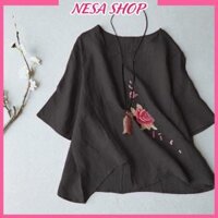 Áo kiểu nữ trung niên thêu hoa tặng mẹ form rộng bigsize chất liệu Đũi cao cấp mềm nhẹ mát NeSa Shop, AKH.66 - ĐEN,3XL 80-90kg