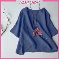 Áo kiểu nữ trung niên thêu hoa tặng mẹ form rộng bigsize chất liệu Đũi cao cấp mềm nhẹ mát NeSa Shop, AKH.66 - XANH THAN,2XL 70-79kg