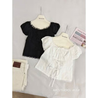 Áo kiểu nữ vải xô ren phối nơ dáng croptop ulzzang tiểu thư
