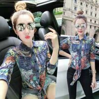 Áo Kiểu Nữ Voan Bông Phối Jeans Tay Dài Hàng Quảng Châu Cao Cấp Free size 45-62Kg