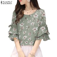 Áo kiểu nữ ZANZEA cột dây cổ tròn in hoa thời trang Hàn Quốc