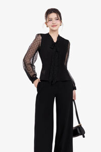 Áo kiểu peplum đen tay dài phối lưới