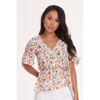Áo Kiểu Peplum Nữ Voan Xốp Hoa Nhí Đắp Vạt Phối Dây Buộc Cổ V PINK ROSE Hàng Xuất Xịn Chất Cao Cấp Dày Dặn Mịn Đẹp