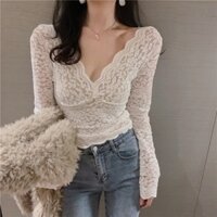 Áo kiểu phối ren lưới cổ áo chữ V phong cách quyến rũ cho nữ