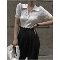 Áo kiểu polo cúc cườm freesize màu trắng