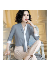 Áo kiểu Rinzy phối phụ kiện sang trọng - Xám xanh - L