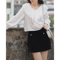 Áo kiểu sơ mi bèo cổ tay phồng form lửng croptop