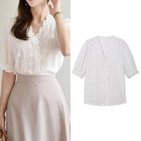 Áo kiểu sơ mi trắng mỏn cổ tay lỡ