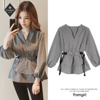 Áo kiểu tay dài cổ chữ V họa tiết sọc caro thời trang mùa thu dành cho nữ