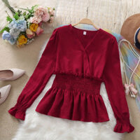 Áo Kiểu Tay Dài Viền Bèo Và Eo Ngắn Dáng Ôm Thời Trang Cho Nữ