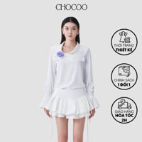Áo kiểu tay xoè thiết kế CHOCOO MEYER TOP chất liệu tuyết mịn chi tiết hoa tím đính kèm nổi bật, sang trọng, thanh lịch